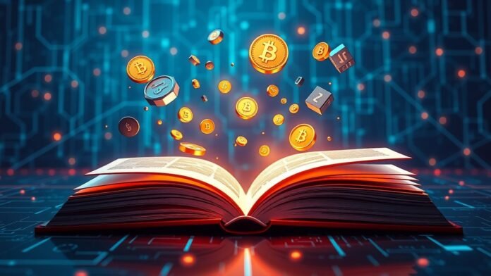 Un libro digital elegante y futurista que se abre con páginas brillantes, rodeado de símbolos de criptomonedas abstractos y flotantes, como monedas, bloques y nodos de red. El fondo presenta una cuadrícula digital iluminada con neón, que representa la cadena de bloques, con líneas sutiles interconectadas que se entrelazan a través de la escena. La atmósfera es educativa, moderna y llena de energía, y simboliza el viaje de comprensión de las criptomonedas.